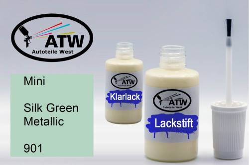 Mini, Silk Green Metallic, 901: 20ml Lackstift + 20ml Klarlack - Set, von ATW Autoteile West.